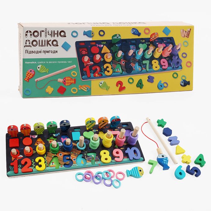 Логічна дерев’яна дошка 11825  "WToys", дерев`яна, 10 кольорових рибок, магнітна риболовля, цифр