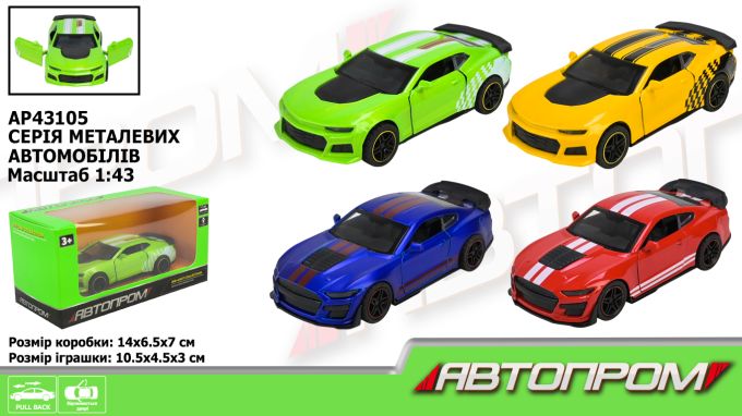 Машина мет. АВТОПРОМ арт. AP43105 (96шт/2) 1:43, 4 кольори відкр.двері, у короб. 14*7*6,5см