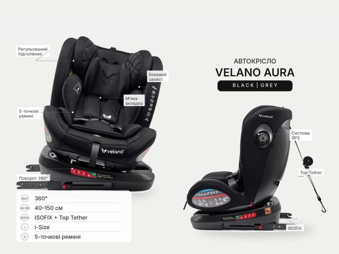 Автокрісло VELANO Aura 360° i-Size 40–150 см, ISOFIX, grey